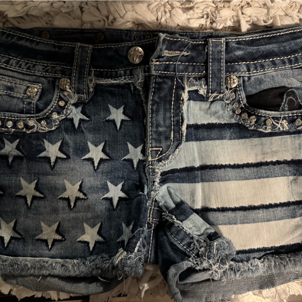 Miss Me Blue Jean Shorts with Star and Stripe Design
